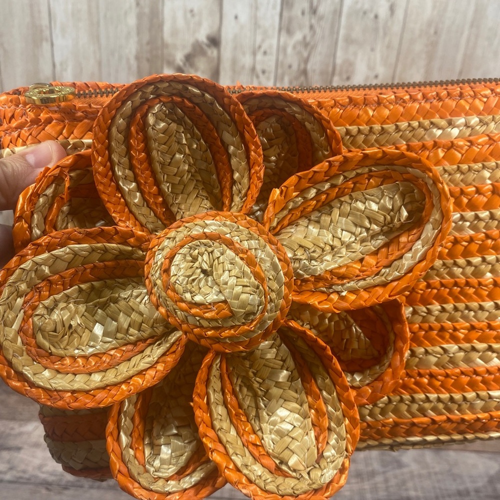 Mud Pie Clutch Flower Handbag Clutch Natural Orange Woven Wheat Straw Stripes